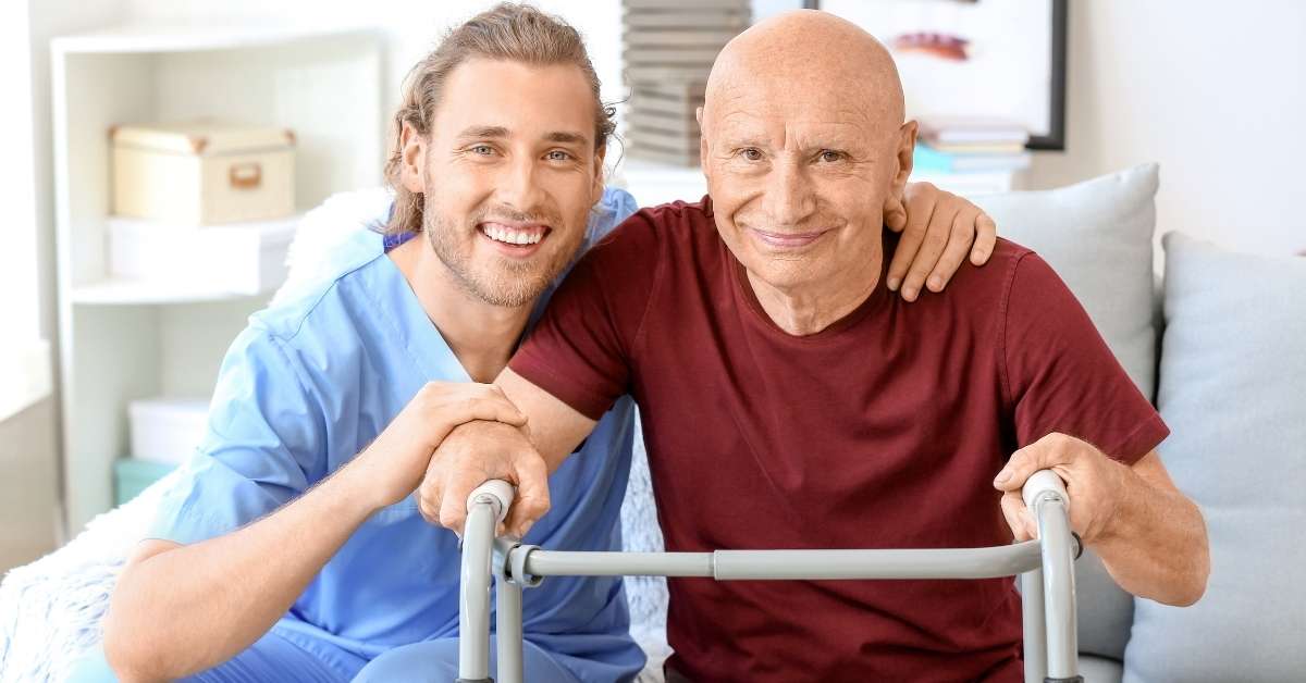 Home health care for disabled adults providing in-home mobility support as a professional caregiver assists an adult using a walker to maintain independence and daily living safety.